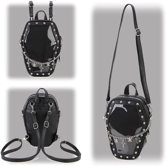 Gothic Coffin Shaped Purse for Women Halloween Shoulder Bag and Backpack - Picture 7 of 9